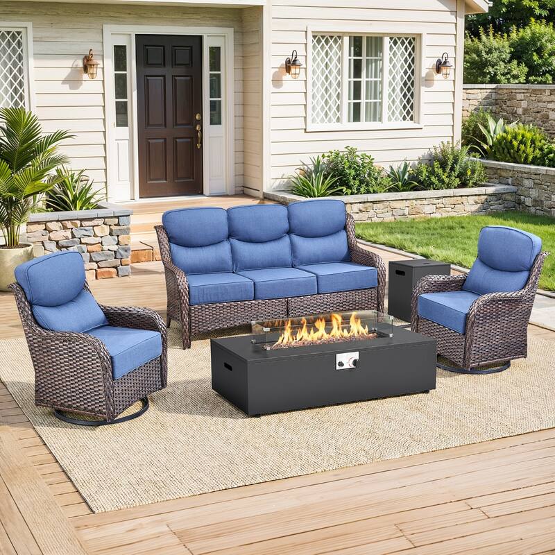 Pocassy 43 In Fire Pit w/ Outdoor Sofa Swivel Chair Ottoman Set - Brown Wicker Blue Cushion - 4PCS Fire Table w/ 6-In Cushion Sofa Swivel Chair