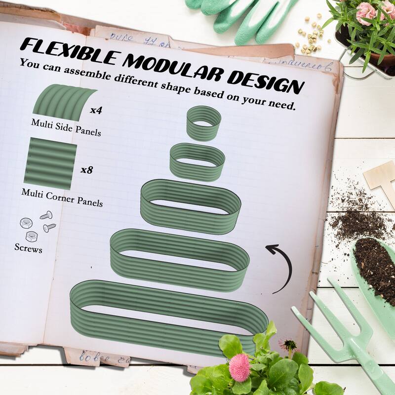 Modern Minimalist Garden Bed with Safety Edging Easy DIY Stock Tank, for Growing Flowers Herbs Vegetables, Green - 8' x 10'