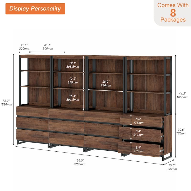 WAMPAT Modern 72" Tall Bookcase with Drawers and Open Book Shelfs, Library Book Shelf for Home Office, Living Room