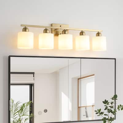 5-Light Gold Bathroom Vanity - Milky Frosted Glass - E26 Socket
