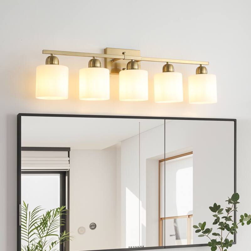 Bathroom Light Fixtures, 5-Light Modern Vanity Light Over Mirror, Wall Sconces with Frosted Glass Shades - Coppery