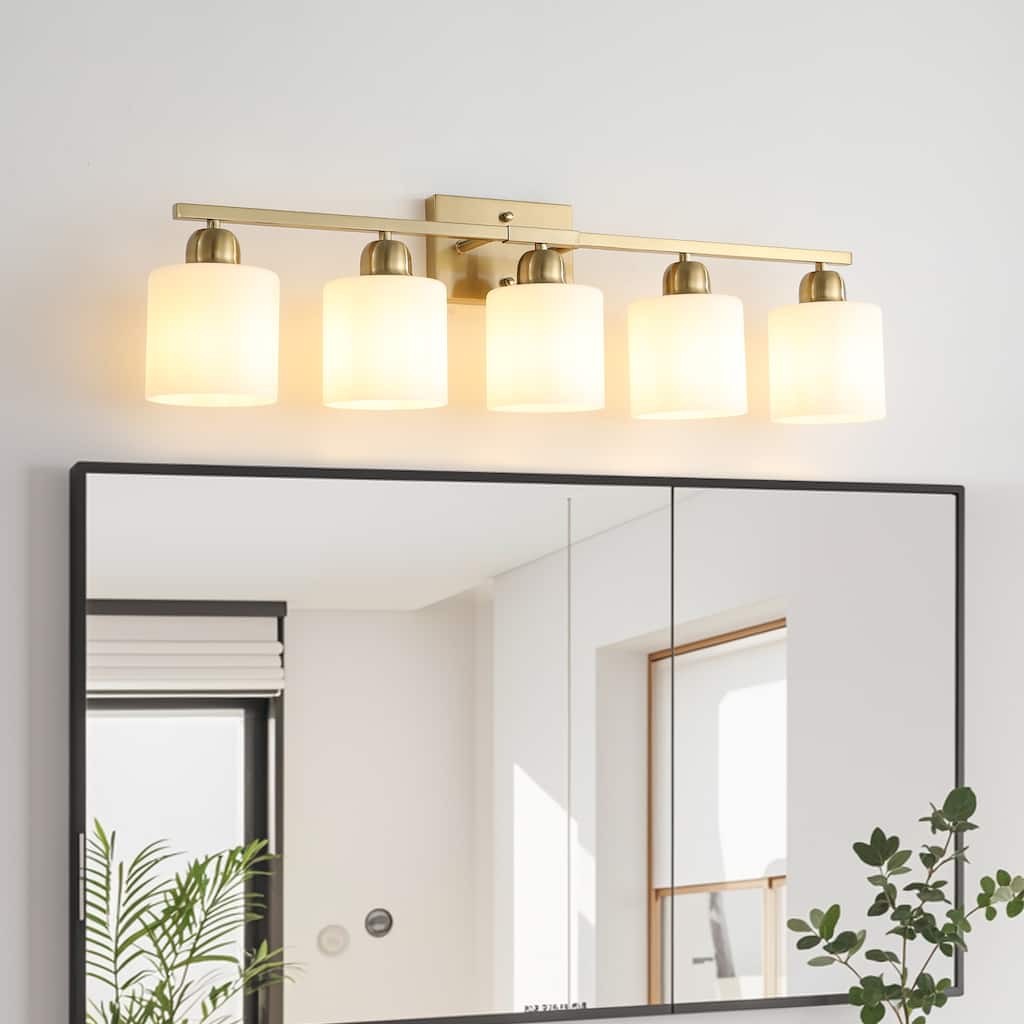 Bathroom Light Fixtures, 5-Light Modern Vanity Light Over Mirror, Wall Sconces with Frosted Glass Shades