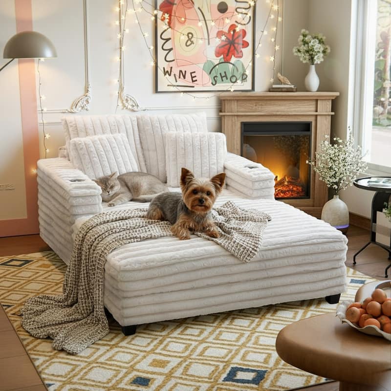 Modern Cream Faux Rabbit Fur Single Chaise Lounge with 2 Cup Holders, 2 Pillows & Solid Wood Frame, Cozy Daybed Sofa Chair