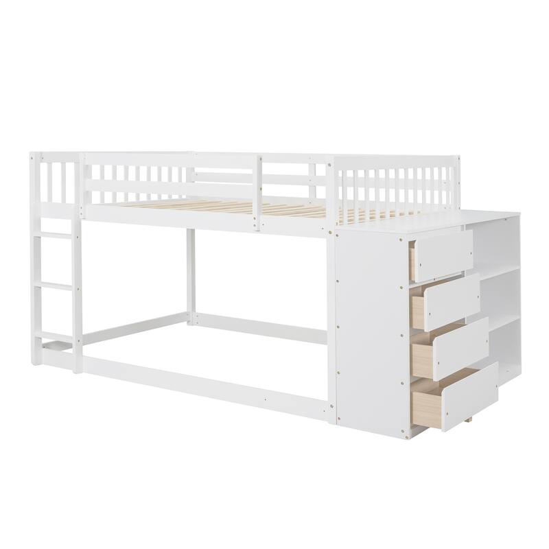 Floor Bunk Bed with Movable Storage Cabinet, Include 4 Storage Drawers and 3 Shelves, Solid Wood Bunkbeds Frame for Kids Teens