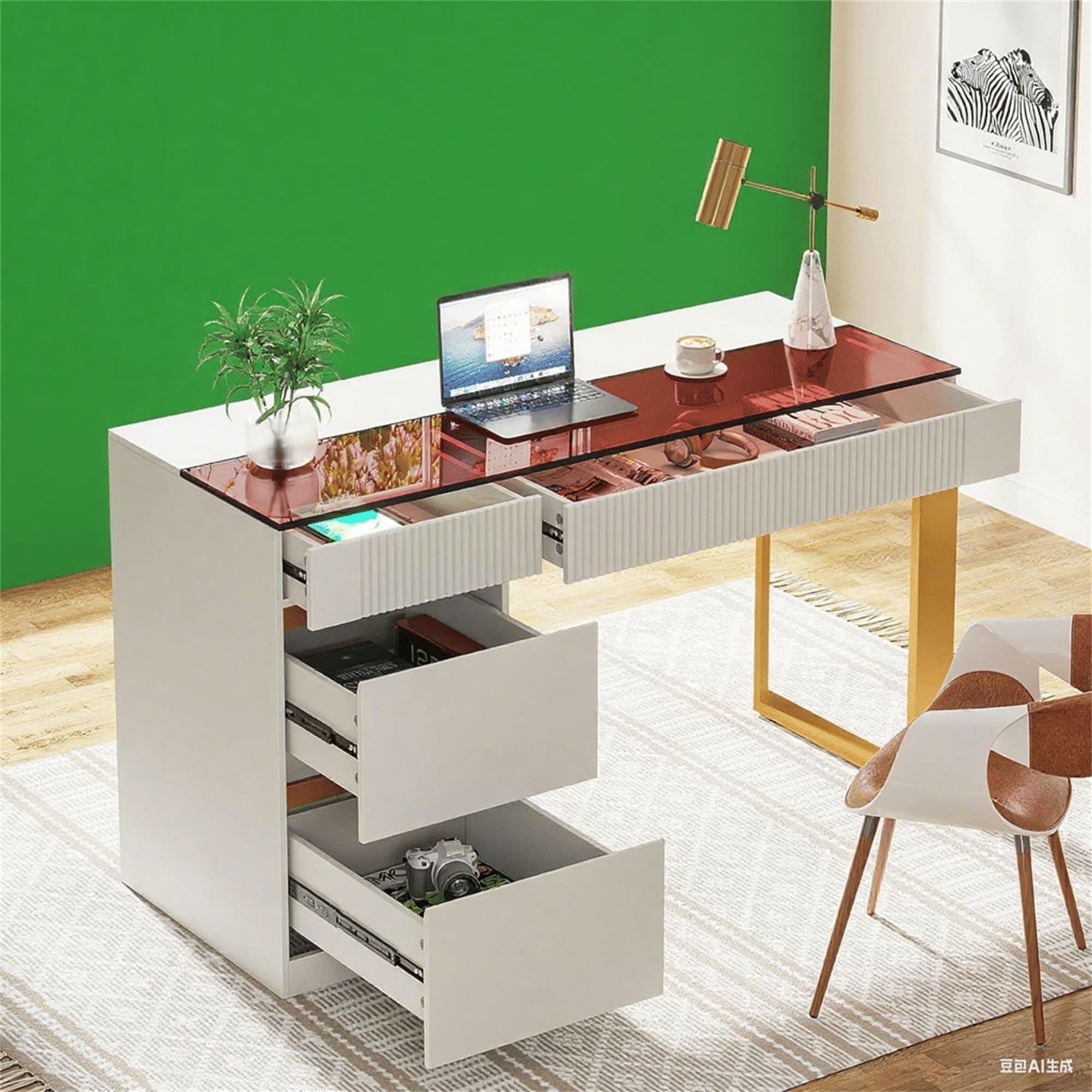 Tinted Glass Computer Desk with 4 Drawers