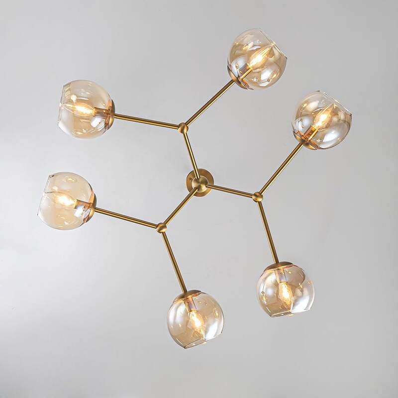 Mid-Century Amber Glass Globe Sputnik Chandelier Ambient Light