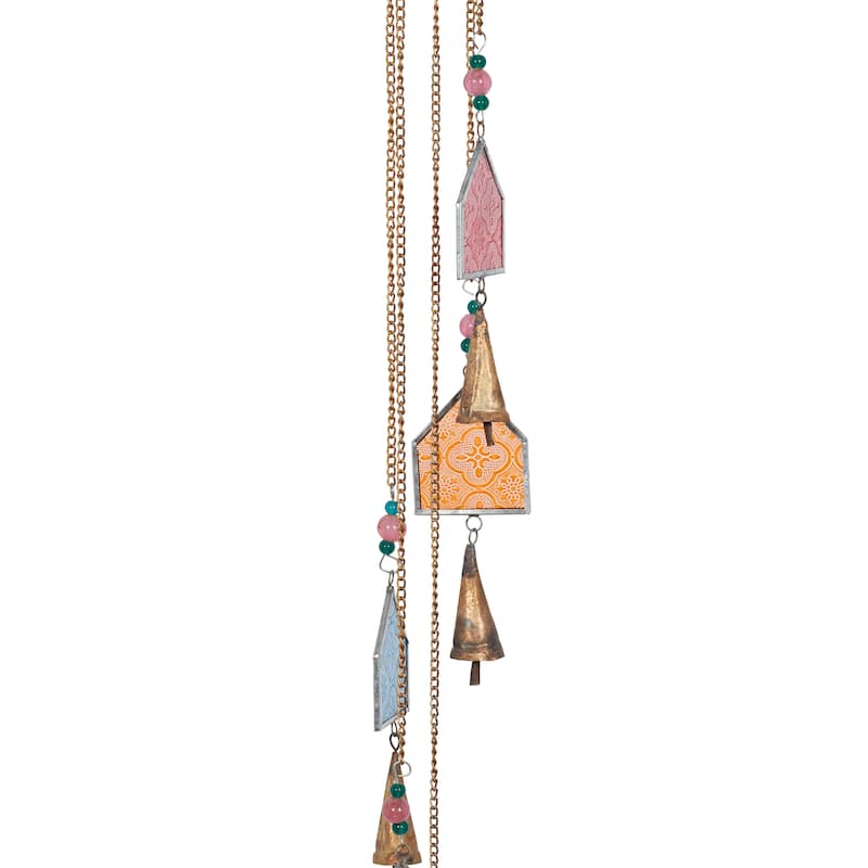 Glass Bottle Windchime with Beads and Cone Bells - Blue - Roche River Decor