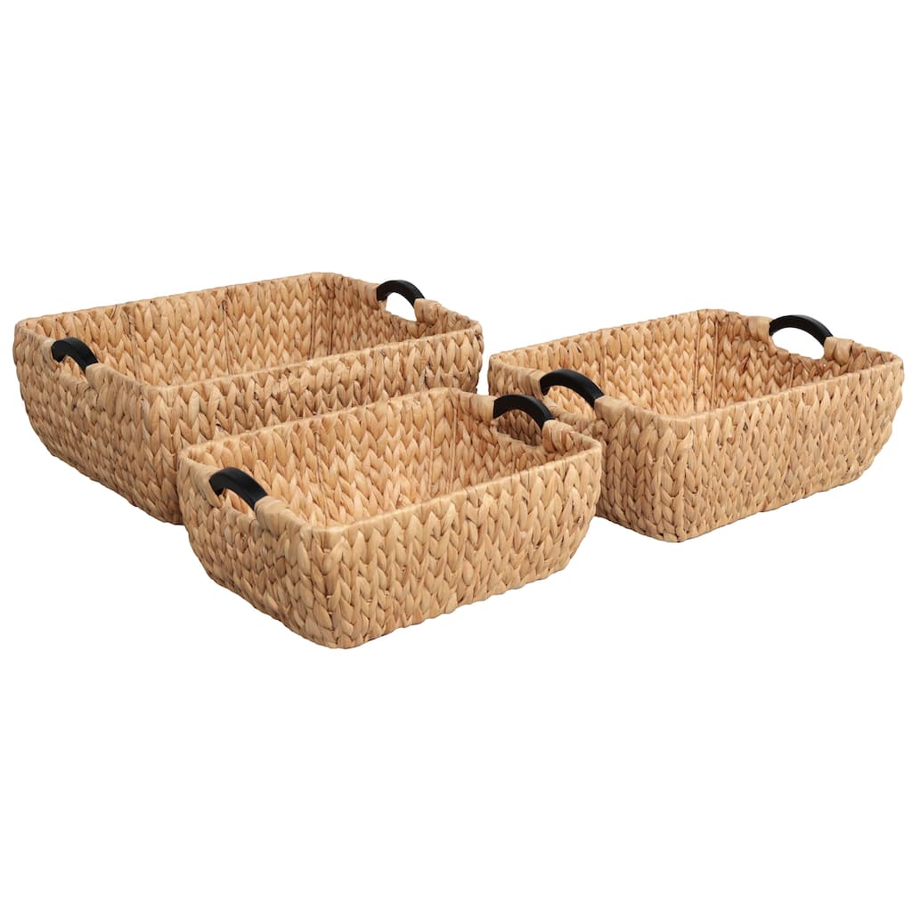 Astor Handwoven Water Hyacinth Nesting Storage Baskets, Wood Handles (Set of 3)