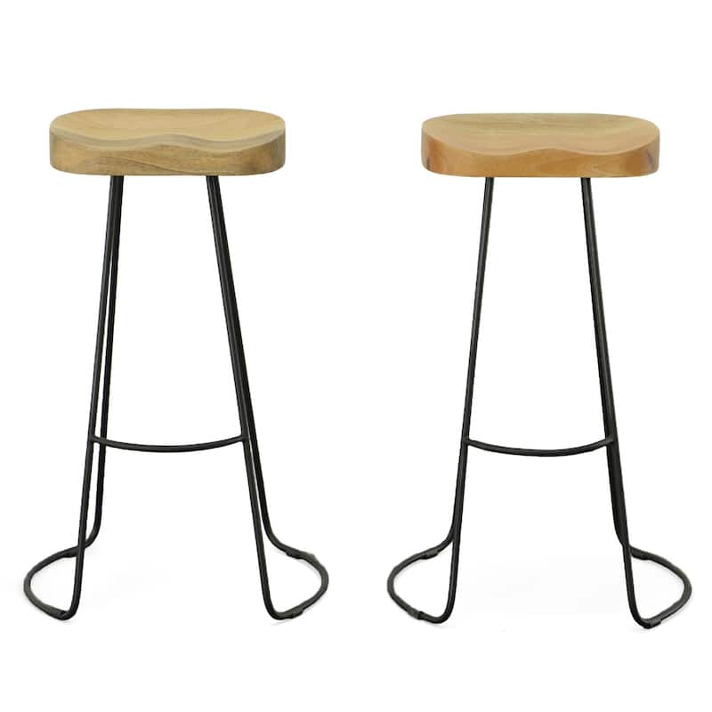 Set of Two 31" Chestnut and Black Solid Wood and Steel Backless Bar Height Bar Chairs - Natural