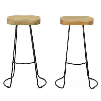 Set of Two 31" Chestnut and Black Solid Wood and Steel Backless Bar Height Bar Chairs