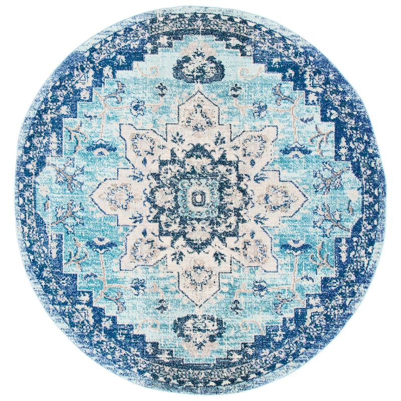 SAFAVIEH Madison Diederike Boho Medallion Distressed Rug - 6'7" Round - Teal/Navy - Round