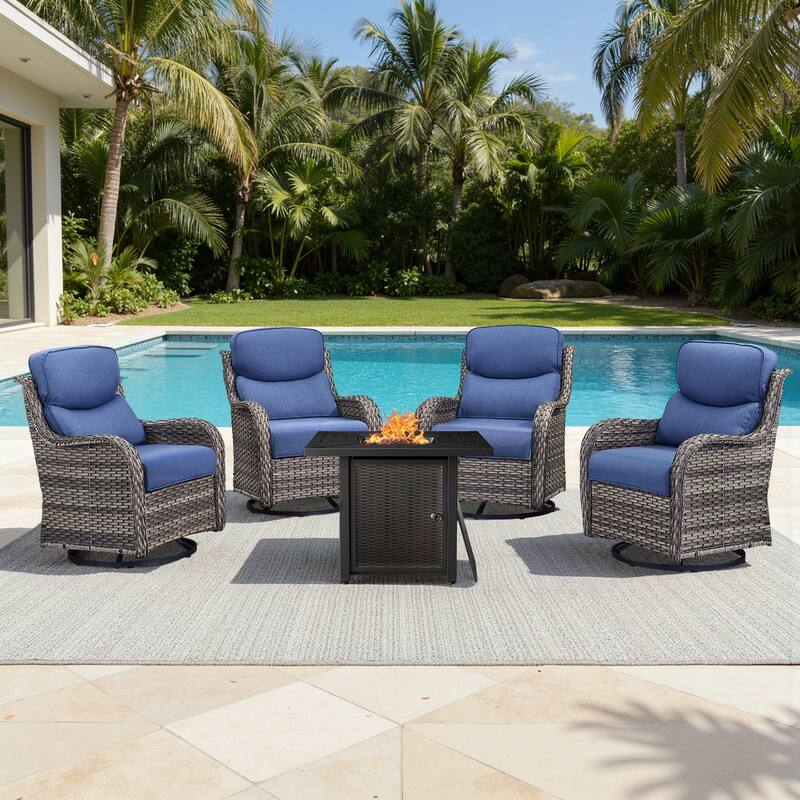 Meyreso 5-Piece Outdoor Patio Wicker Fire Pit 4 person Conversation Set with 5-Inch Thick Cushions