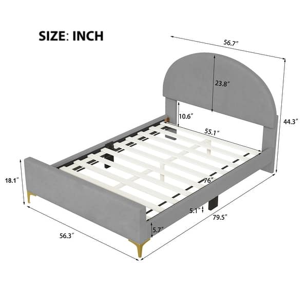 dimension image slide 5 of 6, Bedroom Velvet Fabric Bed Frame with Classic Semi-circle Shaped Headboard and Metal Legs, Upholstered Platform Bed for Kids