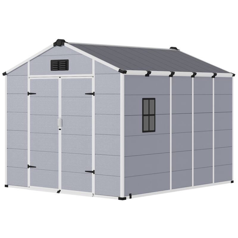 EROMMY Outdoor Storage Shed with Built-In Floor, Lockable Double Doors & Sloped Roof, Gray/Black
