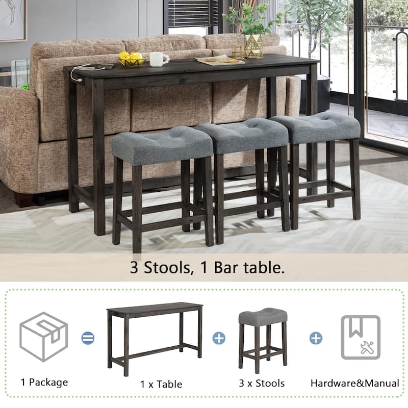 GDFStudio - Calverly 4-Piece Industrial Bar Table Set with USB Power Station and 3 Linen Upholstered Stools