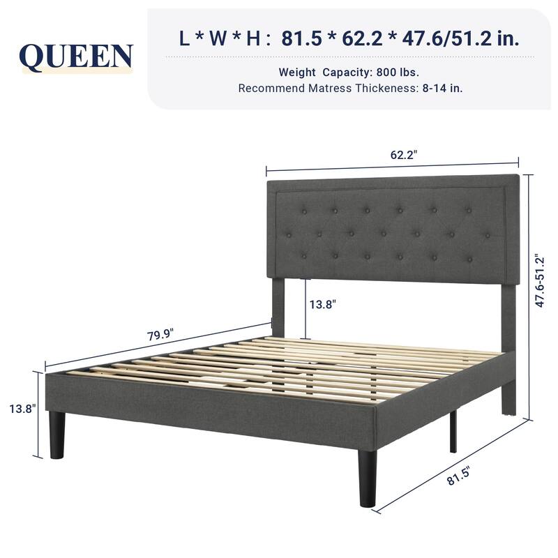 Queen Size Button Tufted Platform Bed Frame/Fabric Upholstered Bed Frame with Headboard/Wood Slat Support/Mattress Foundation