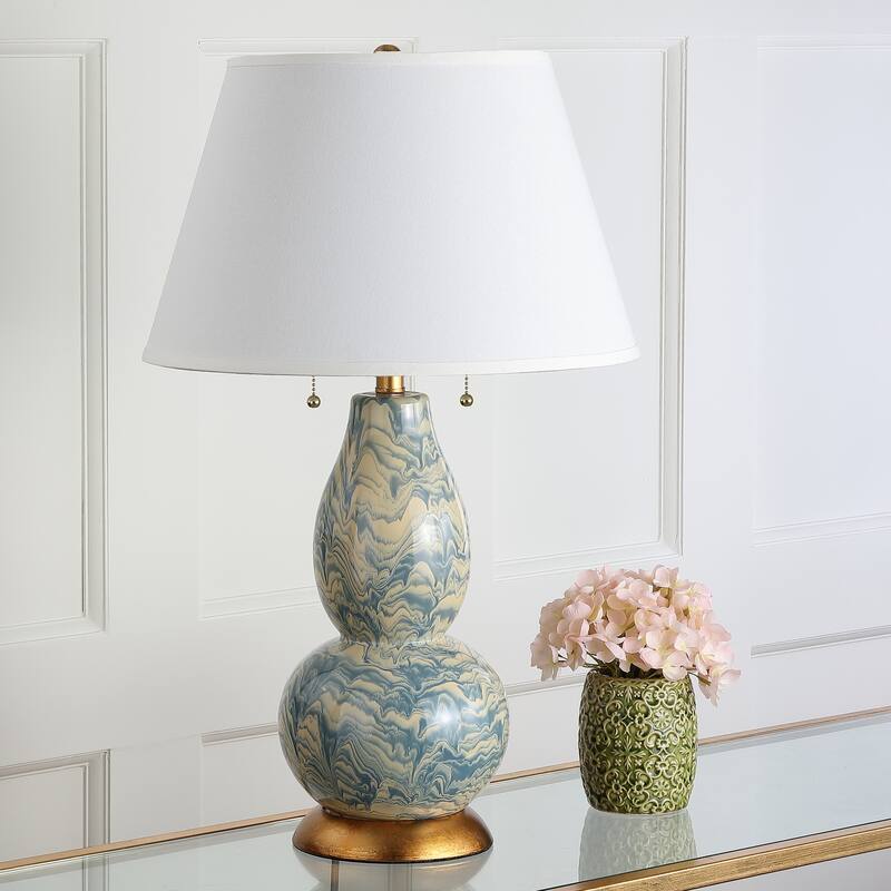 SAFAVIEH Lighting 29-inch Blue and White Color Swirls Glass Table Lamp (Set of 2) - 17"x17"x28"