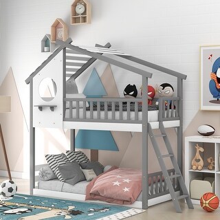 Twin Over Twin Wooden Bunk Bed with Roof, Window & Ladder - Includes Hardware
