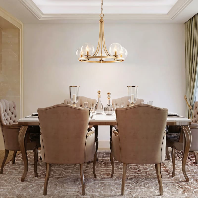 24.4" W 5-Light Mid-Century Modern Gold Wagon Wheel Ring Chandelier with Seeded Glass Globe Shades for Living & Dining Room