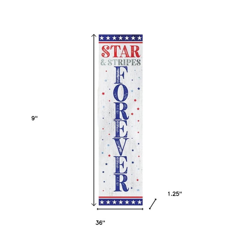 HomeRoots 36" Blue Red And White Solid Wood Stars and Stripes July Fourth Fireworks Porch Sign