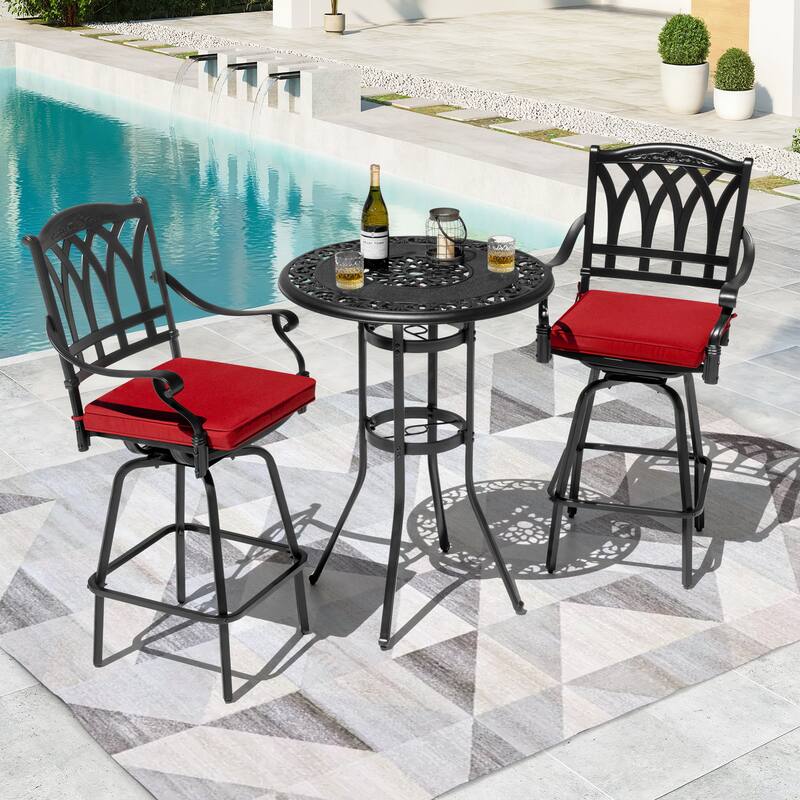 3PCS Cast Aluminum Outdoor Swivel Bar Set with Umbrella Hole, Olefin Cushions, Black and Red