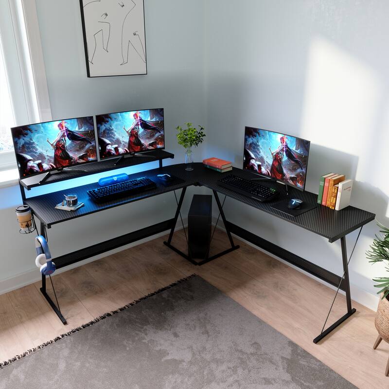 55 Inch Gaming Desk LED L Shaped Computer Corner Desk