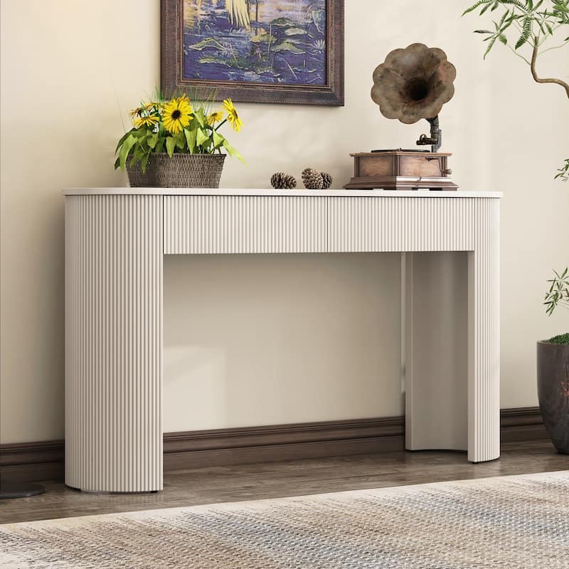 Entryway Table with Fluted Design, Modern Console Table with Storage, Oval Top and 2 Drawers for Entryway and Living Room - White