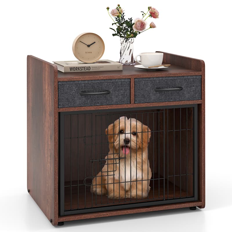 Gymax Industrial Dog Crate Indoor Doge Kennel w/Wide Countertop 2 - Brown - Wood
