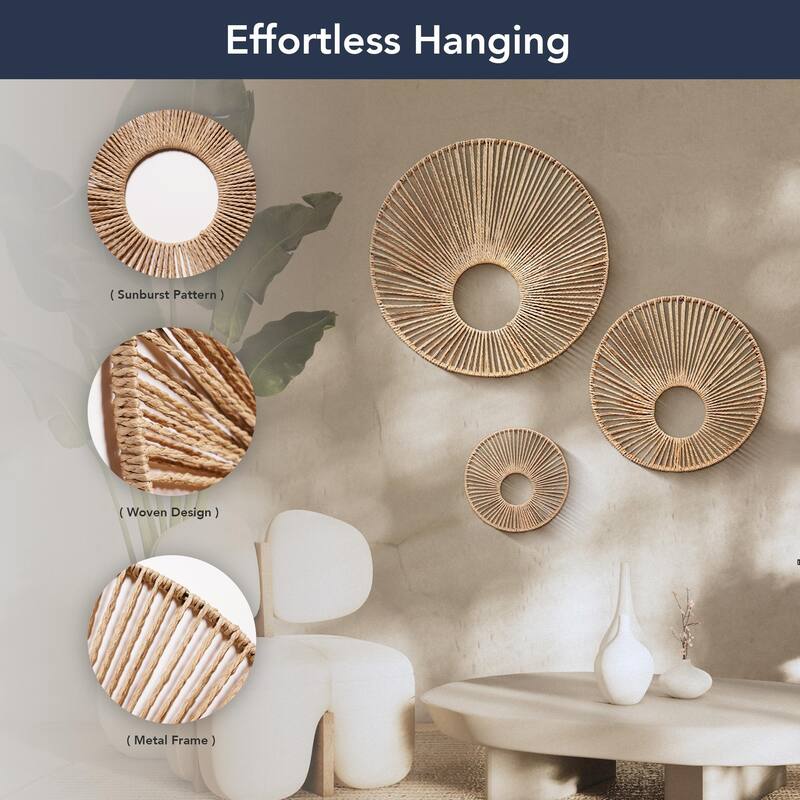 American Art Decor Woven Paper Rope Wall Decor, Set of 3 - Natural