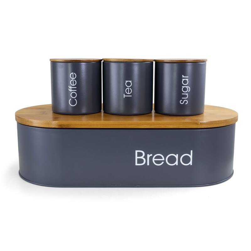 4 Piece Bamboo and Metal Bread Container and Can Storage Set in Gray with Lids