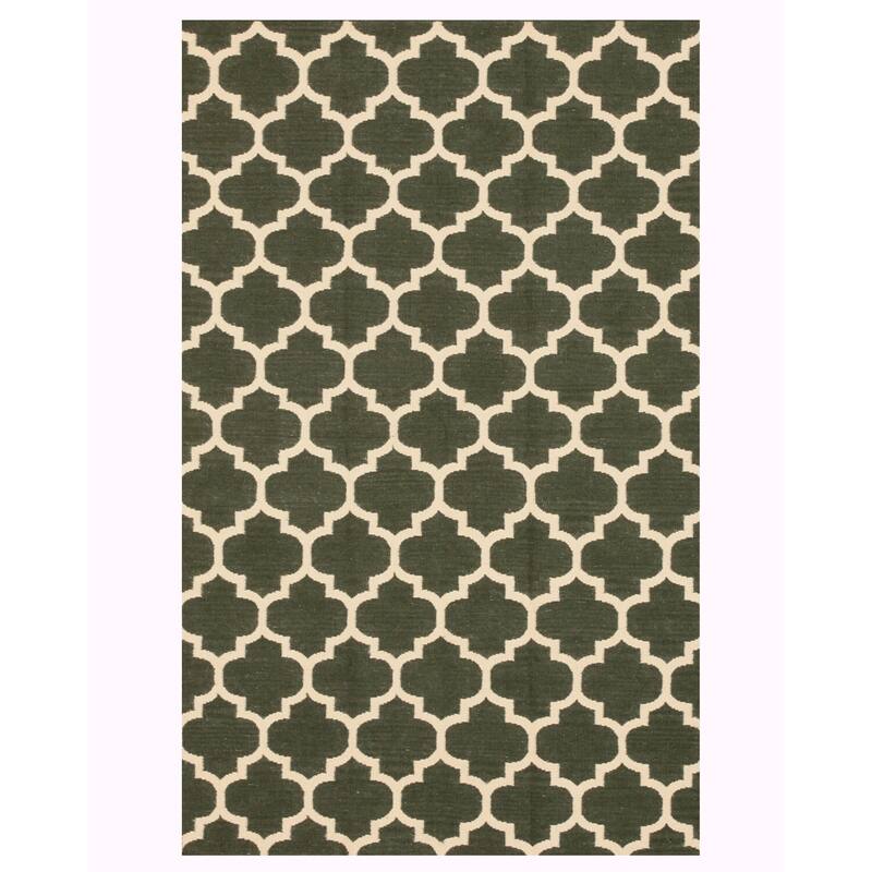 Green Handmade Wool Contemporary Flatweave Reversible Rug, 9' x 12' - Stylish Modern Dual-Sided Accent - L