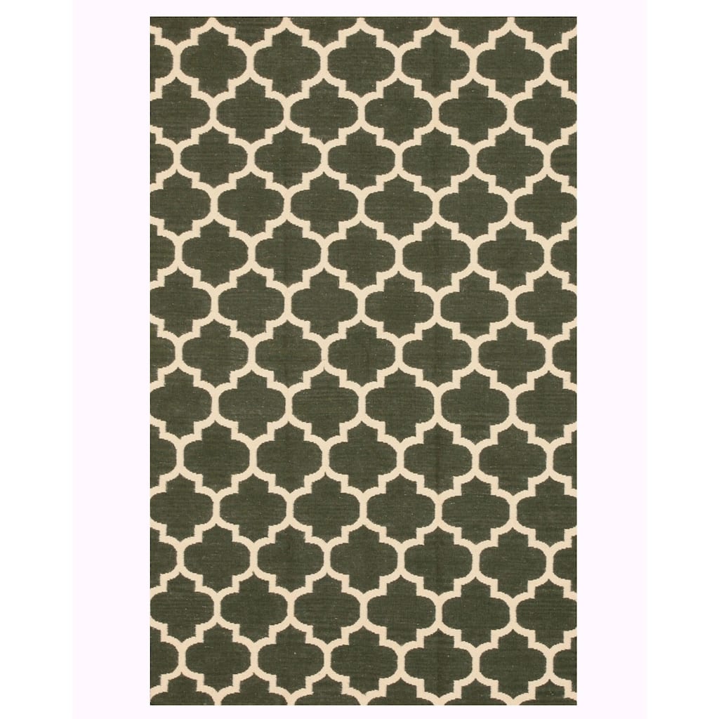 Green Handmade Wool Contemporary Flatweave Reversible Rug, 9' x 12' - Stylish Modern Dual-Sided Accent - L