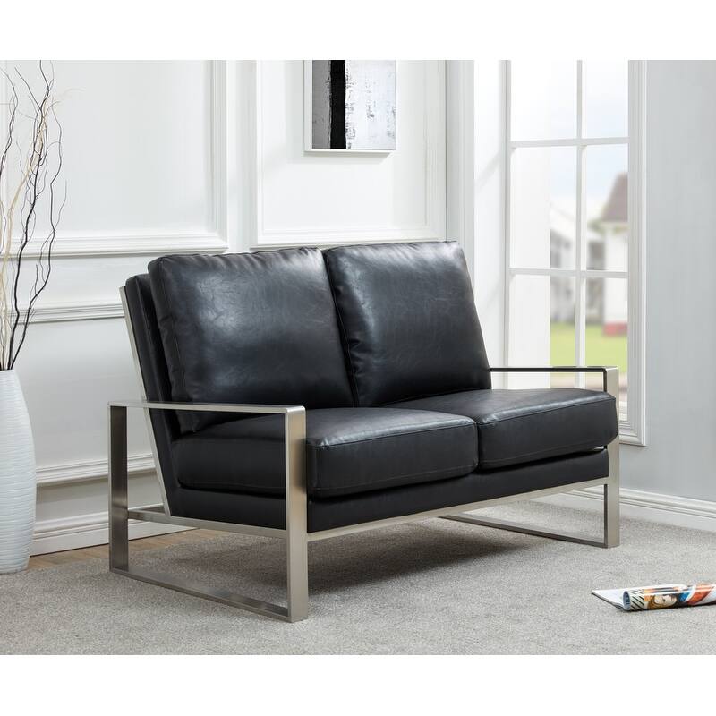 Jefferson Modern Leather Loveseat with Brushed Silver Stainless Steel Base, Removable Cushions, Sinuous Springs, Fully Assembled