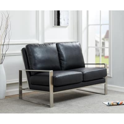 Jefferson Modern Leather Loveseat with Brushed Silver Stainless Steel Base, Removable Cushions, Sinuous Springs, Fully Assembled