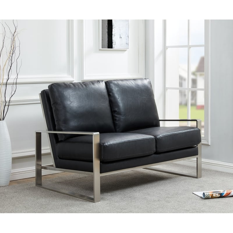 Jefferson Modern Leather Loveseat with Brushed Silver Stainless Steel Base, Removable Cushions, Sinuous Springs, Fully Assembled