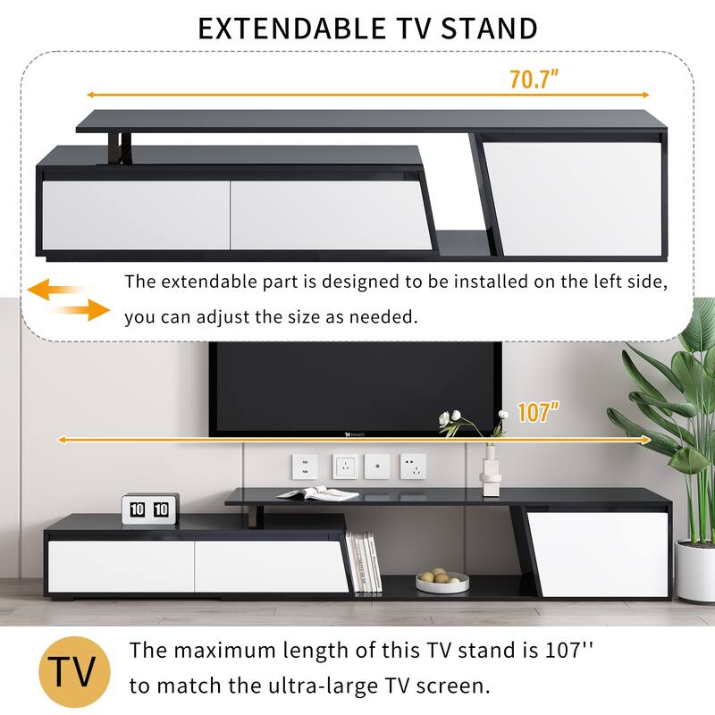 Modern 70.7''-107'' Extendable TV Stand for TVs up to 100'', Minimalist Rectangle Media Console with 2 Drawers & 1 Cabinet