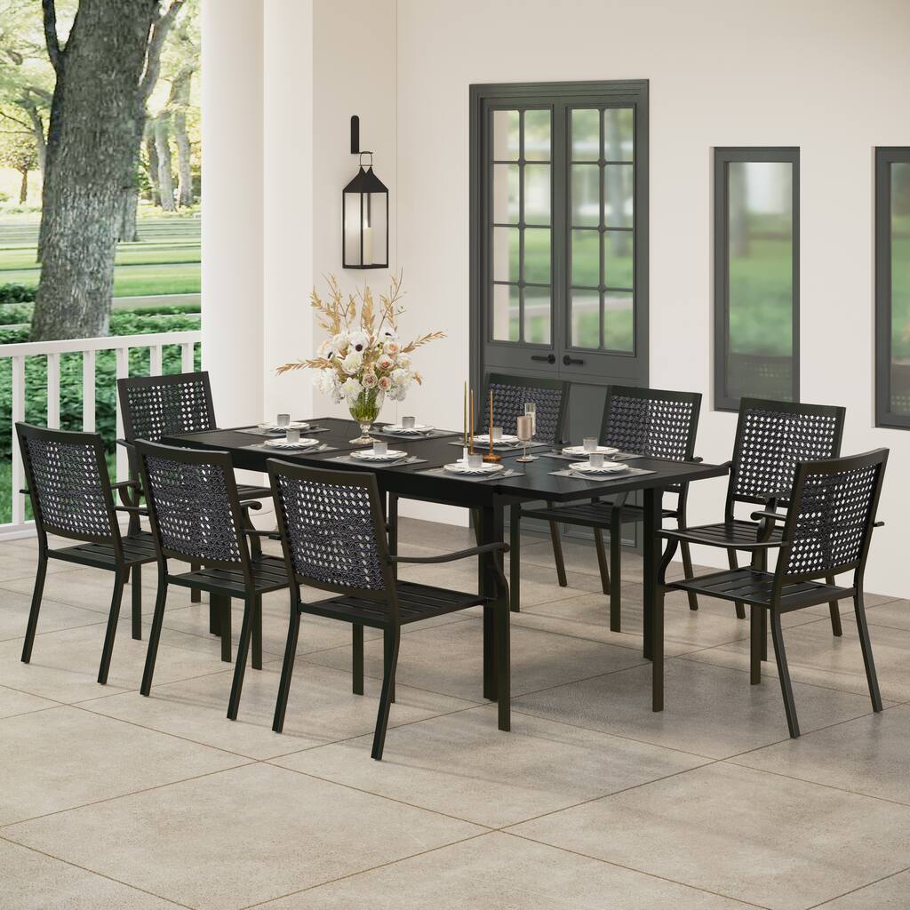 MAISON ARTS 9-Piece Patio E-coating Dining Set of 8 Stackable Chairs & 1 Extendable Metal Table