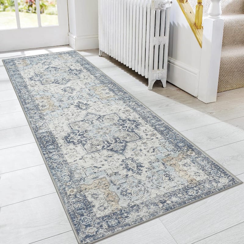 Mcow Neutral Floral Low Pile Machine Washable Non-Slip Area Rug - 2'X7' - Blue - Rectangle