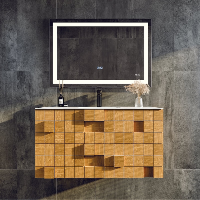 Mosaic 36"W Natural Oak Wall Mount Bath Vanity with Solid Surface Top
