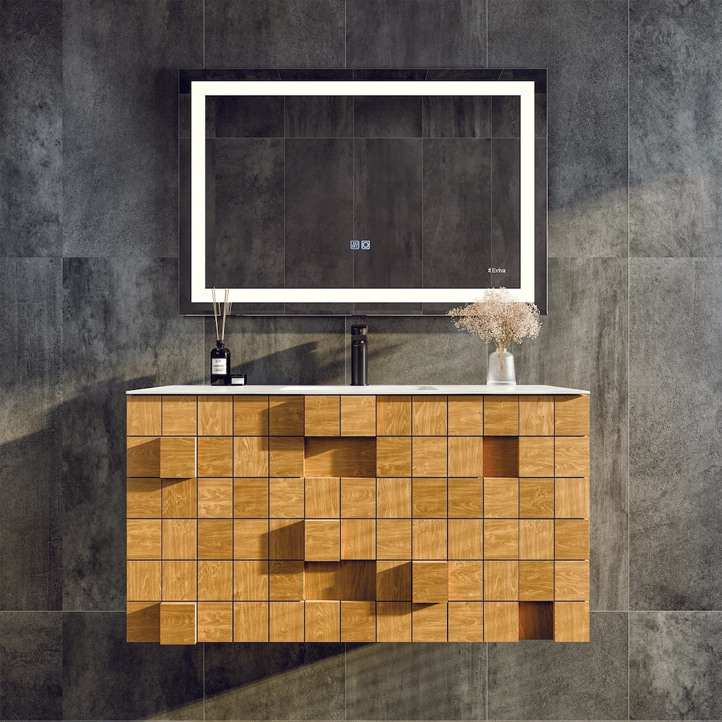 Mosaic 36"W Natural Oak Wall Mount Bath Vanity with Solid Surface Top