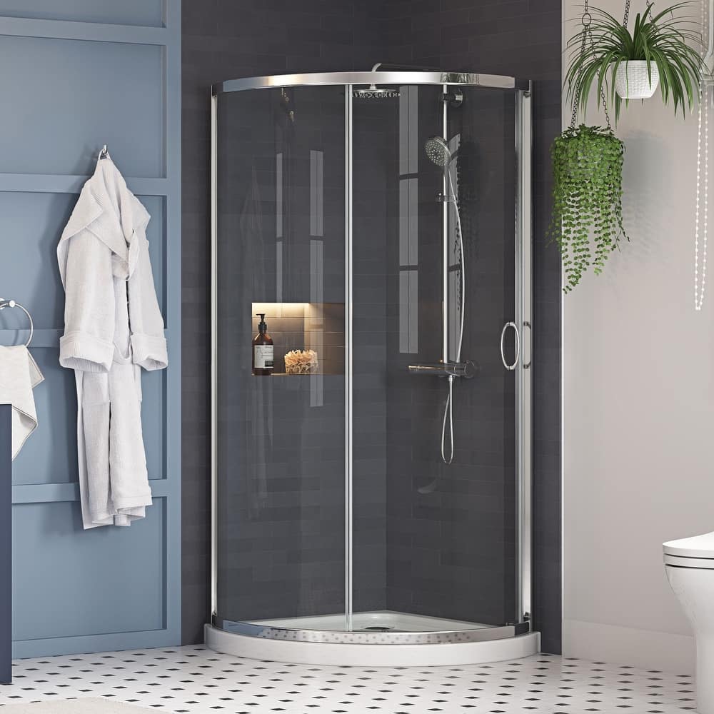 Breeze Round Corner Shower Kit with Clear Sliding Door and Shower Base Pan (Walls not Included)