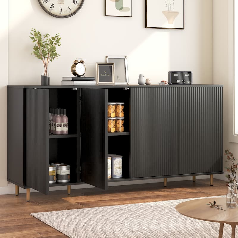 EROMMY Modern Sideboard Buffet Cabinet with Fluted Doors, 2-Door Storage Console Table for Kitchen, Dining Room & Living Room - Solid - Black
