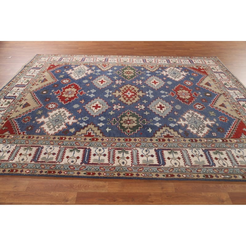 Blue Geometric Kazak Oriental Area Rug Handmade Wool Carpet - 7'10" x 9'9"