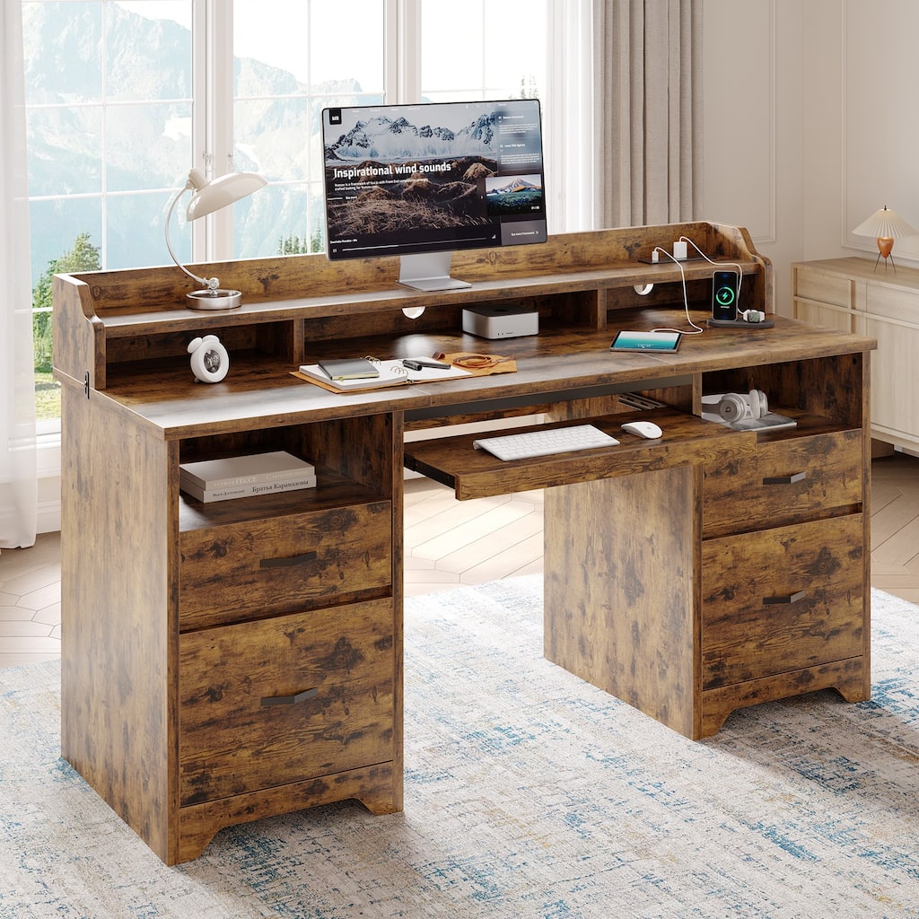 Bestier 59 inch Computer Desk with Charging Station, 4 Drawers and 2 Open Storage Spaces, with Keyboard Tray