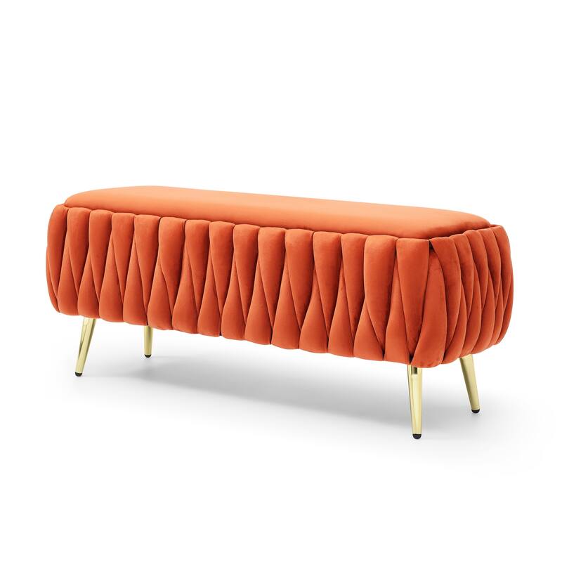 Oval Storage Bench with Gold Legs,Velvet Fabric Upholstered Ottoman Storage Benches for Bedroom End of Bed,Sherpa Fabric Bench