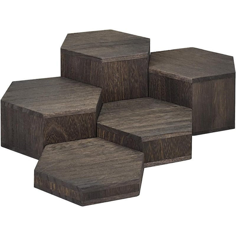 Large Wooden 5 Pcs Hexagon Risers for Display Jewelry,Dark Brown Color - S