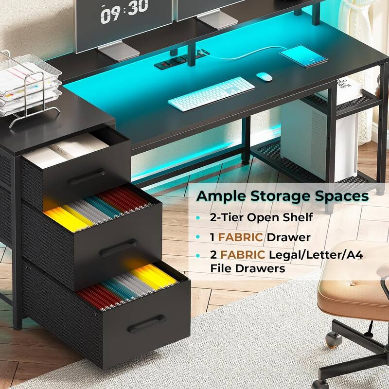 Office Desk 3 Fabric Drawers Computer Desk LED Lights & Power Outlet