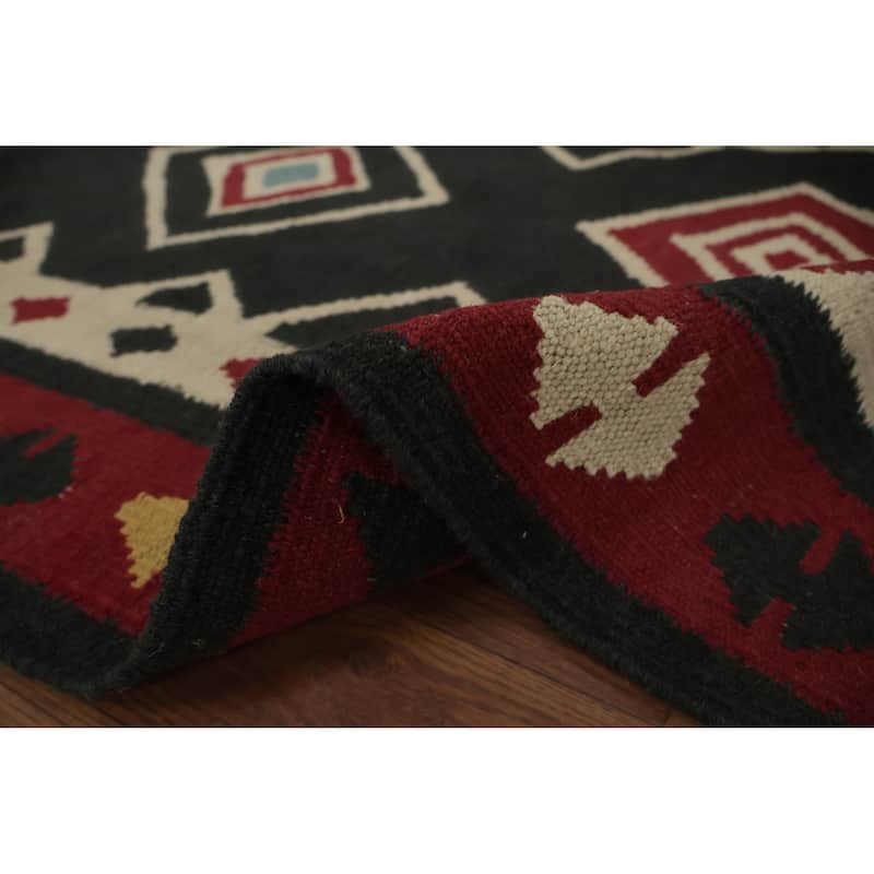 Hand Woven Oriental 100% Wool Carpet Southwestern Tribal Black Kilim Runner Rug - 14' 9'' X 3' 0''