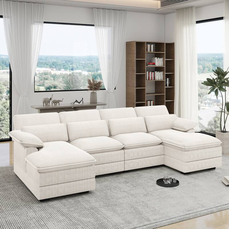 111.8" U-Shaped Cloud Sectional, 4-Seater Corduroy Upholstered Sectional with Recliner and Cushions