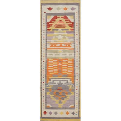Hand Woven Oriental 100% Wool Carpet Southwestern Tribal Multi-Colored Kilim Runner Rug - 10' 3'' X 2' 8''